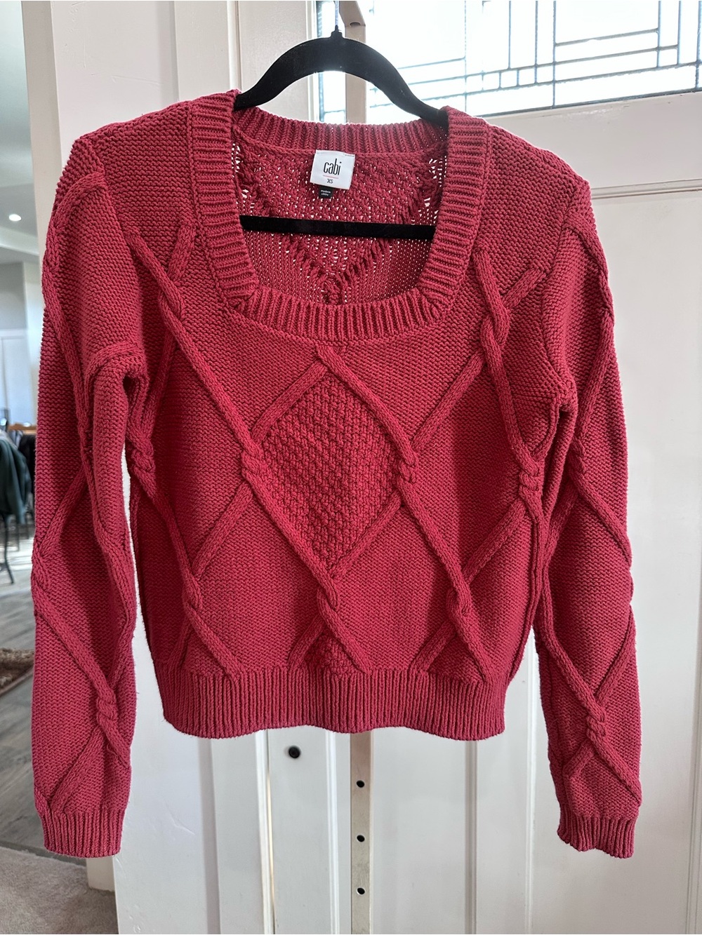 Cabi Mulberry Red Square Neck Chunky Cable Sweater Size XS